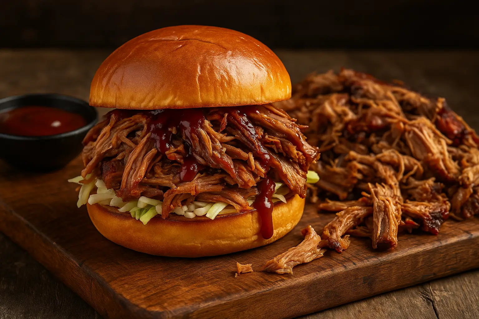 hot pulled pork shoulder in a brioche bun, resting on a wooden chopping board